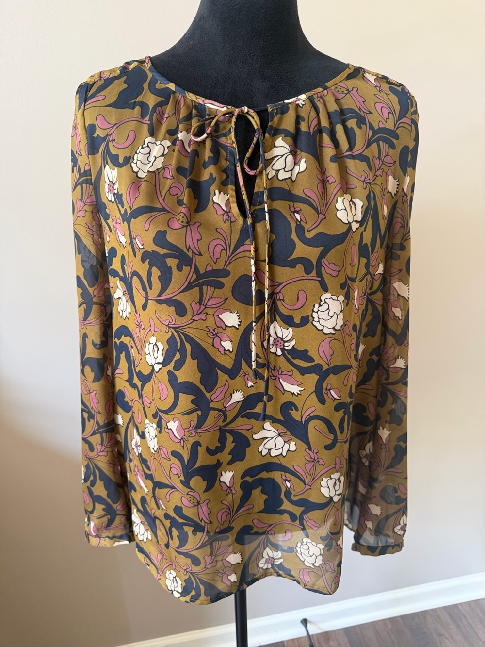 LOFT Olive-Brown Floral Tie-Neck Semi-Sheer Blouse Medium